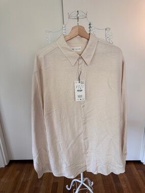 NWT Zara Men’s Linen Blend Button-Up Shirt Size XL Neutral Cream